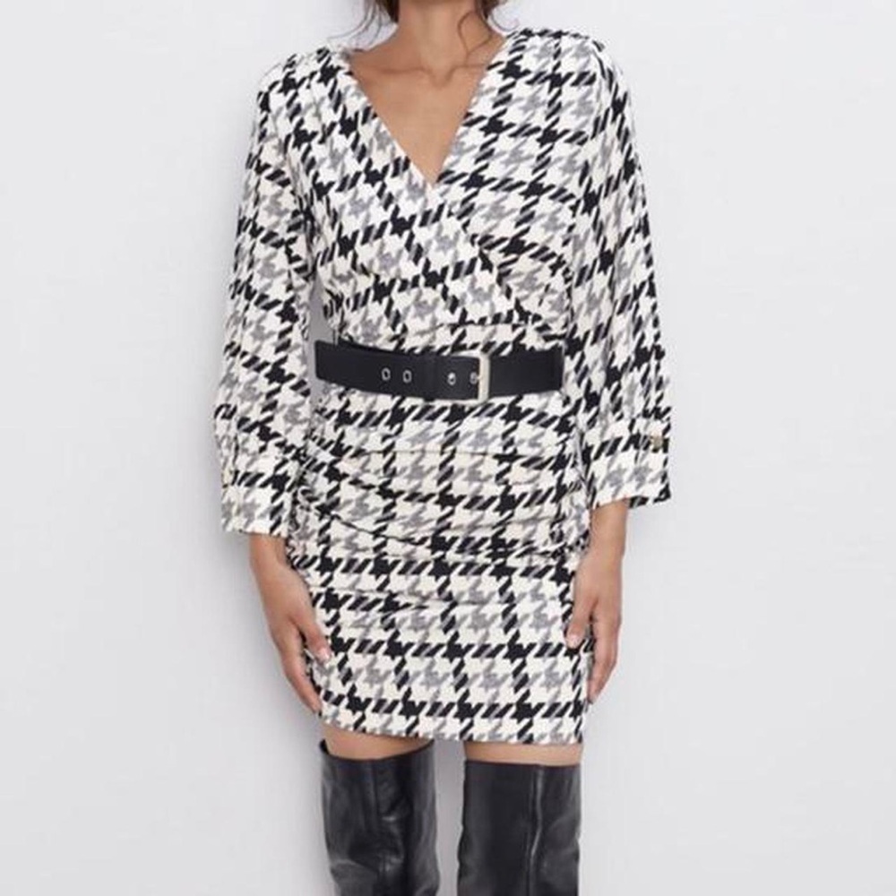ZARA Black White Houndstooth Plaid Dress with Belt S
